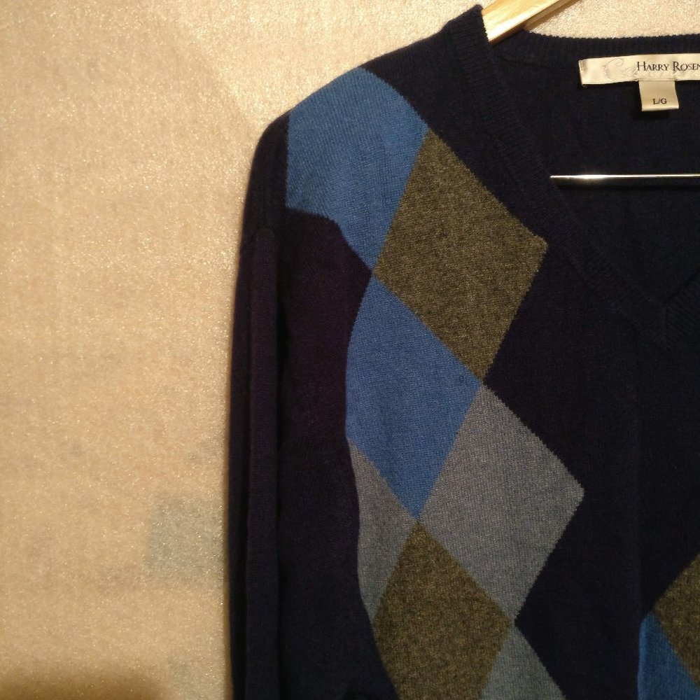 HARRY ROSEN Argyle Blue 100%CASHMERE Warm Pullover Sweater with Measurements L,